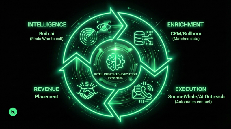 A circular glowing green diagram titled "Intelligence-to-Execution Flywheel." It shows a cycle of four stages: 1. Intelligence (Boilr.ai - Finds Who to call); 2. Enrichment (CRM/Bullhorn - Matches data); 3. Execution (SourceWhale/AI Outreach - Automates contact); and 4. Revenue (Placement). Icons represent radar, databases, communication, and a handshake.