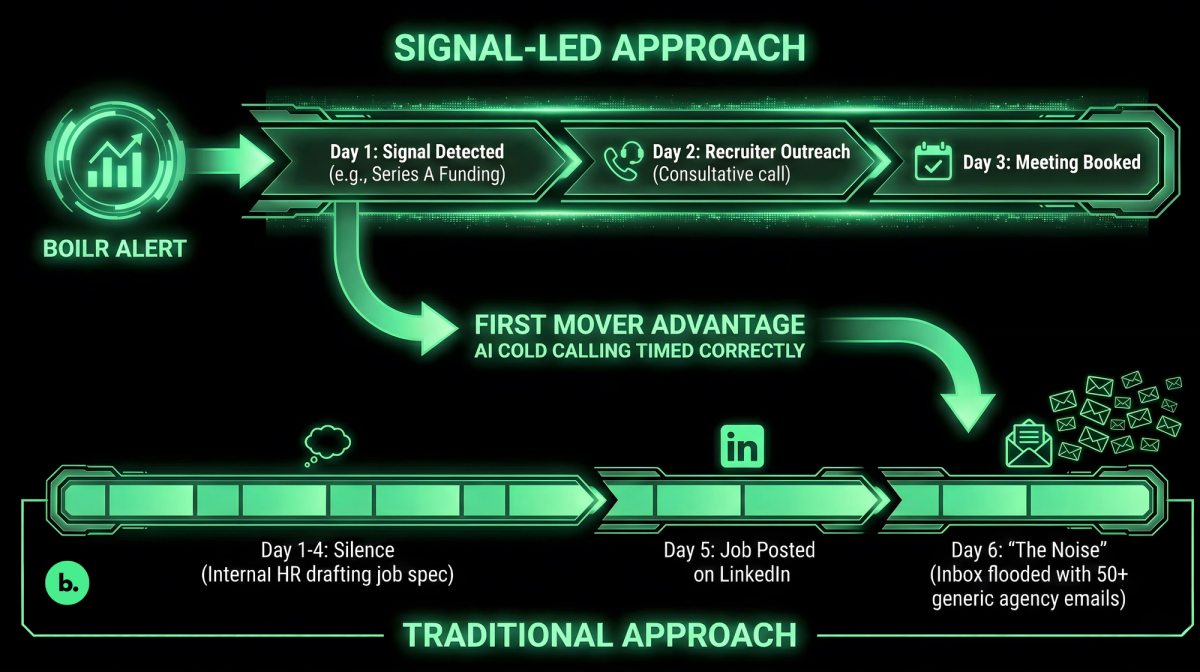 A flowchart comparing two recruitment strategies. The top flow, "Signal-Led Approach," shows a Boilr Alert on Day 1, Outreach on Day 2, and a Meeting Booked on Day 3. The bottom flow, "Traditional Approach," shows Day 1-4 as "Silence," Day 5 as "Job Posted on LinkedIn," and Day 6 as "The Noise" with an inbox flooded by generic emails. An arrow connecting the two highlights the "First Mover Advantage."