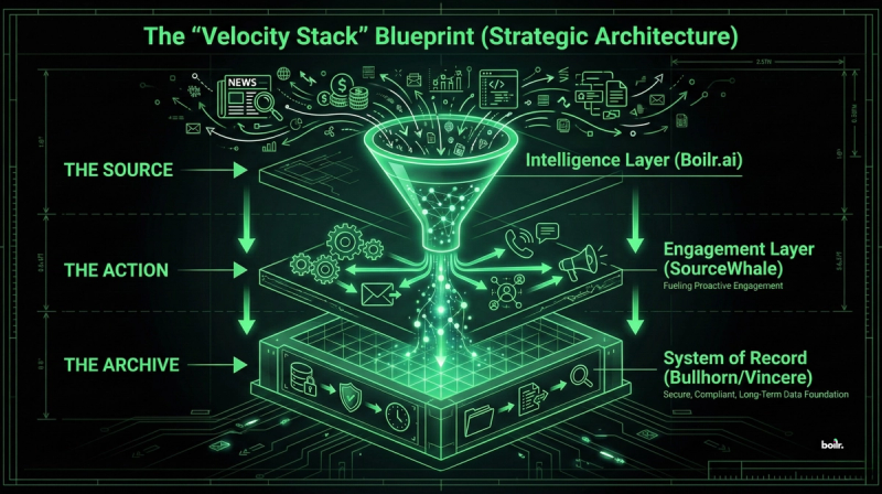 Digital illustration of the Velocity Stack Blueprint on a dark background with green neon elements. A central funnel structure labeled Intelligence Layer (Boil.ai) pours into Engagement Layer (SourceWhale) below. Left side shows upward flow from THE SOURCE and THE ARCHIVE. Right side downward to THE ACTION and base SYSTEM OF RECORD (Bullhorn Vincere). Gears, data streams, and security icons enhance the tech theme.