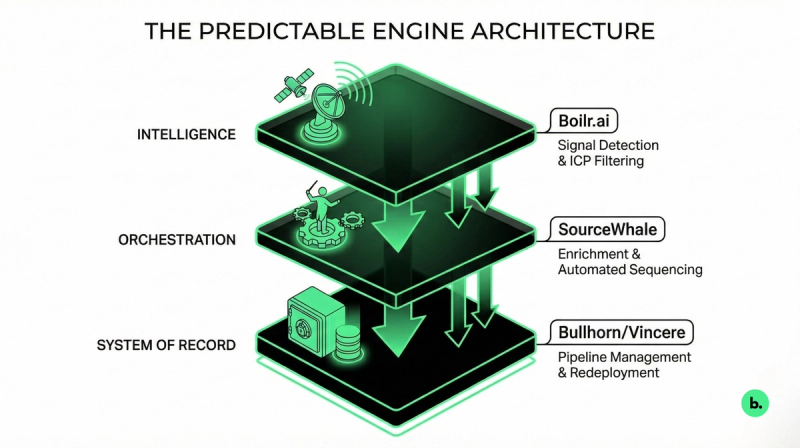 A three-tiered isometric diagram titled "The Predictable Engine Architecture" visualizes a data flow starting at the top with Boilr.ai for "Intelligence," moving down to SourceWhale for "Orchestration," and ending at the bottom with Bullhorn/Vincere as the "System of Record".