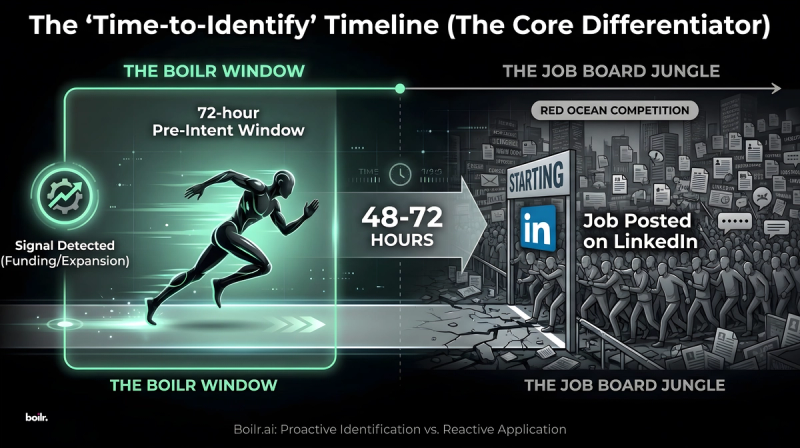 Timeline graphic titled The "Time-to-Identify" Timeline (The JOB BOARD JUNGLE). Green box for 72-hour Pre-Intent Window with running figure (Signal Detected) and Signal Expansion. Arrow to 48-72 HOURS after JOB POSTED on LinkedIn, showing crowded red job board chaos. Boil Window proactive vs. reactive competition highlighted.