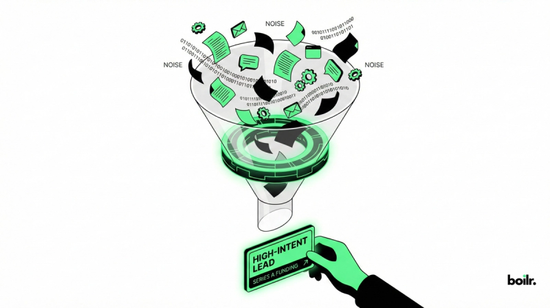 An isometric illustration on a white background depicting a funnel filtering black data "noise" elements into a single glowing neon green "High-Intent Lead" card held by a hand.