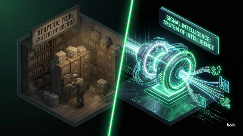 A split-screen comparison in a professional 3D isometric style. On the left side, a dusty, dimly lit library with old-fashioned filing cabinets representing a "Reactive CRM."