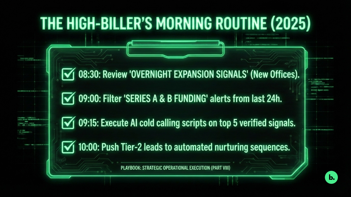 A digital interface graphic titled "The High-Biller's Morning Routine (2025)" displayed on a glowing green futuristic clipboard. It lists a schedule: 08:30 Review 'Overnight Expansion Signals'; 09:00 Filter 'Series A & B Funding' alerts; 09:15 Execute AI cold calling scripts on top 5 verified signals; and 10:00 Push Tier-2 leads to automated nurturing sequences.