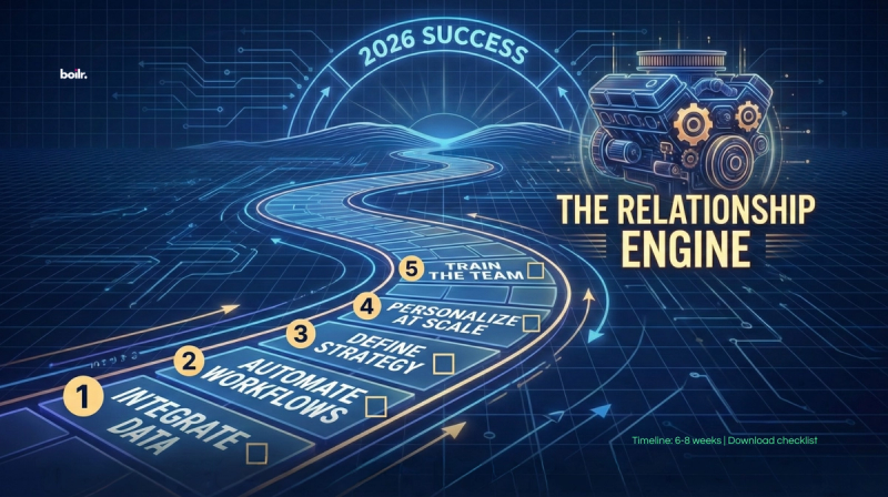 A futuristic infographic titled "THE RELATIONSHIP ENGINE" is presented against a dark blue digital landscape with circuit board patterns and glowing light effects. A winding pathway made of glowing blue lines leads towards a bright, sunlit archway on the horizon labeled "2026 SUCCESS." Along this path are five sequential, numbered rectangular panels, each with a checkbox. From left to right, the panels read: "1. INTEGRATE DATA," "2. AUTOMATE WORKFLOWS," "3. DEFINE STRATEGY," "4. PERSONALIZE AT SCALE," and "5. TRAIN THE TEAM." To the right of the path, a large, stylized engine block graphic with gears is prominently displayed with warm orange and blue illumination, accompanied by the title "THE RELATIONSHIP ENGINE" in bold, glowing text. The overall aesthetic is one of digital progress, technological advancement, and strategic growth leading to a future goal.