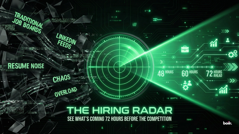 A futuristic, high-contrast 3D composition. On one side, a dark, cluttered "storm" representing the noise of traditional job boards and LinkedIn feeds. In the center, a bright, glowing radar sweep (representing Boilr.ai) that illuminates a "hidden" path 48–72 hours ahead of the storm.
