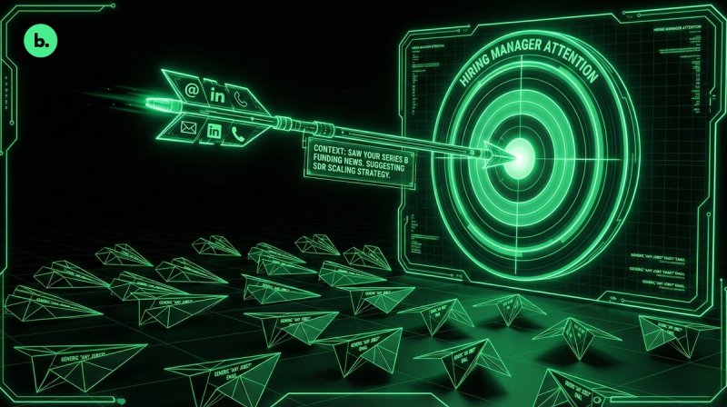 A neon-green digital arrow with email, phone, and LinkedIn icons flies into a glowing target labeled “Hiring Manager Attention.” Dozens of generic paper planes sit on the ground, symbolizing ignored outreach.