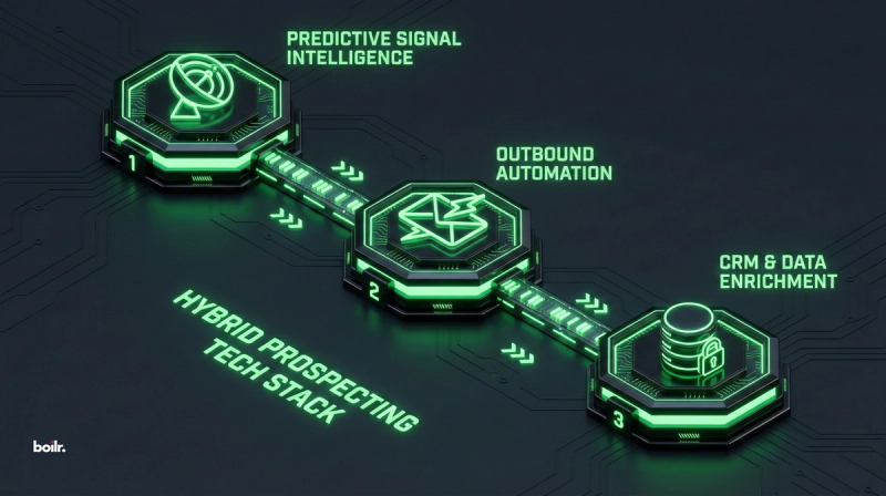 B2B sales and prospecting require a cohesive technological ecosystem. Visually break down how different tools interact seamlessly to execute a hybrid outbound/inbound strategy.