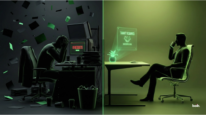 A split-screen image comparing the emotional state of a traditional recruiter versus a signal-led recruiter.