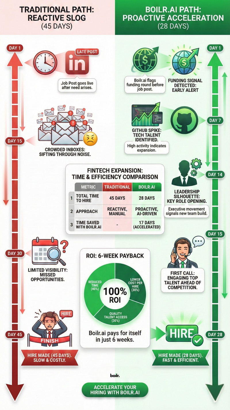 Split infographic contrasting red "Reactive Slog: 45 Days" vertical timeline (job post, crowded inboxes, delayed hires) against green "Proactive Boilr AI: 28 Days" (funding signal, expansion intel, tech talent hires, leadership moves, hire made). Highlights 92% time saved, 100% ROI, first calls beating competition, with Boilr.ai branding and acceleration metrics.