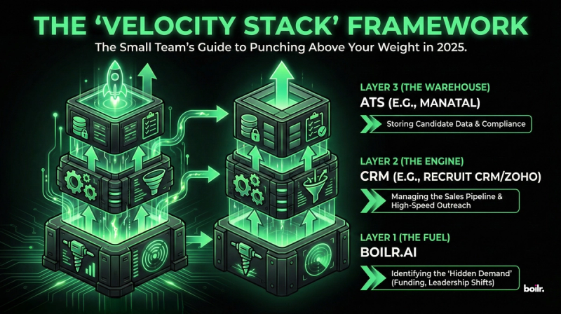 Layer 1 (The Fuel): Boilr.ai. Identifying the "Hidden Demand" (Funding, Leadership shifts). Layer 2 (The Engine): CRM (e.g., Recruit CRM/Zoho). Managing the sales pipeline and high-speed outreach. Layer 3 (The Warehouse): ATS (e.g., Manatal). Storing candidate data and compliance.