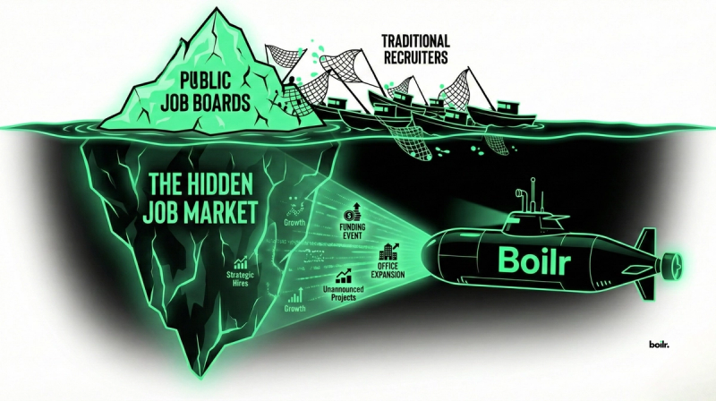 An iceberg labeled “Public Job Boards” floats above water while a massive underwater section reads “The Hidden Job Market,” showing icons for funding events, office expansion, and unannounced projects. A submarine labeled “Boilr” scans beneath the surface.