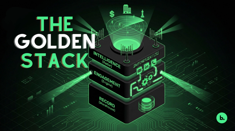 A futuristic, isometric illustration titled "THE GOLDEN STACK" rendered in a high-contrast palette of black and glowing bright green. The central image is a three-tiered technological tower.