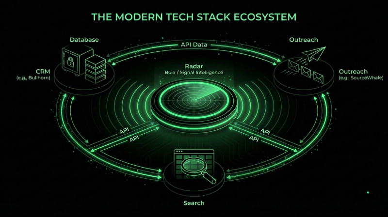 A recruiter in a modern, naturally lit boardroom presenting a neon green and black "Talent Supply/Demand Heatmap" strategy on a large screen to engaged client executives.