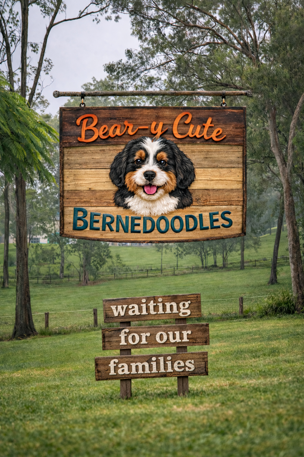 happy Bernedoodle puppies  reads "Bear-y Cute BERNEDOODLES", above a smaller sign saying "waiting for our families" in a grassy field