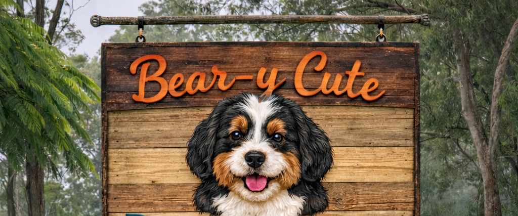 happy Bernedoodle puppies reads "Bear-y Cute BERNEDOODLES", above a smaller sign saying "waiting for our families" in a grassy field