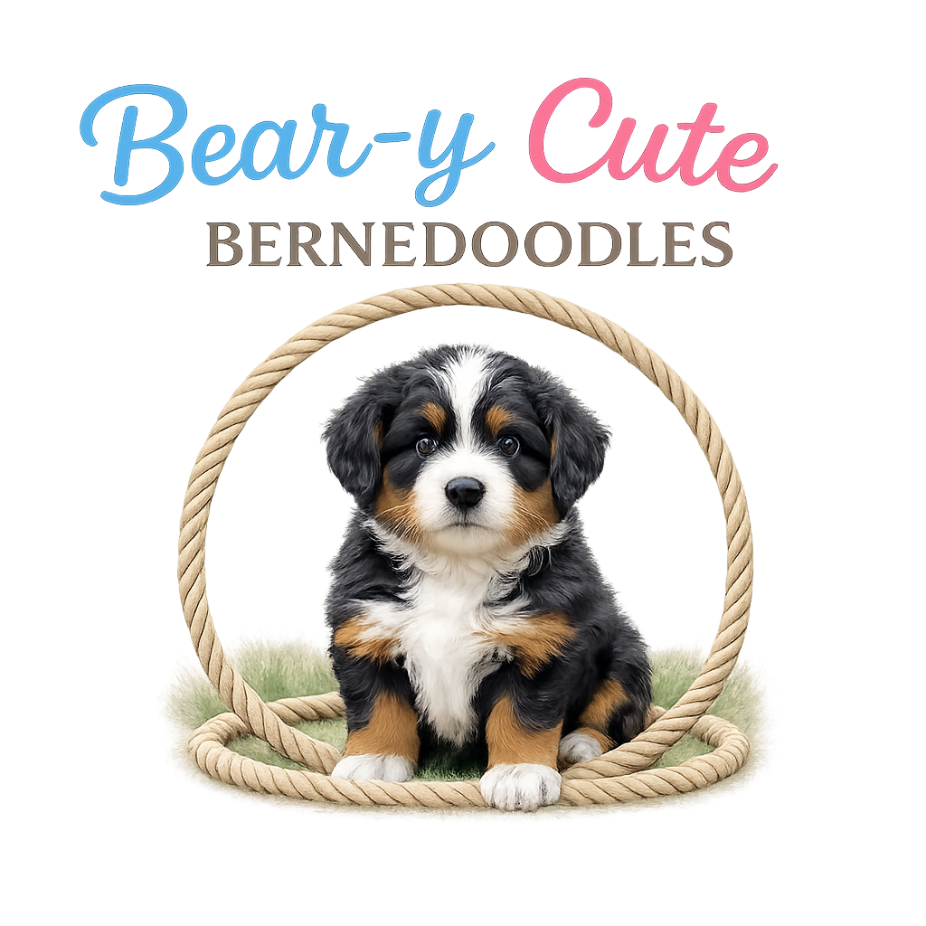  Bear-y Cute Bernedoodles featuring a tricolor Bernedoodle puppy sitting in a rope basket.