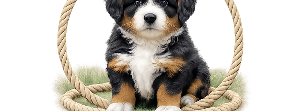 Bear-y Cute Bernedoodles featuring a tricolor Bernedoodle puppy sitting in a rope basket.