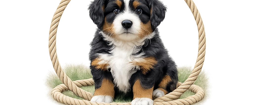 Bear-y Cute Bernedoodles featuring a tricolor Bernedoodle puppy sitting in a rope basket.