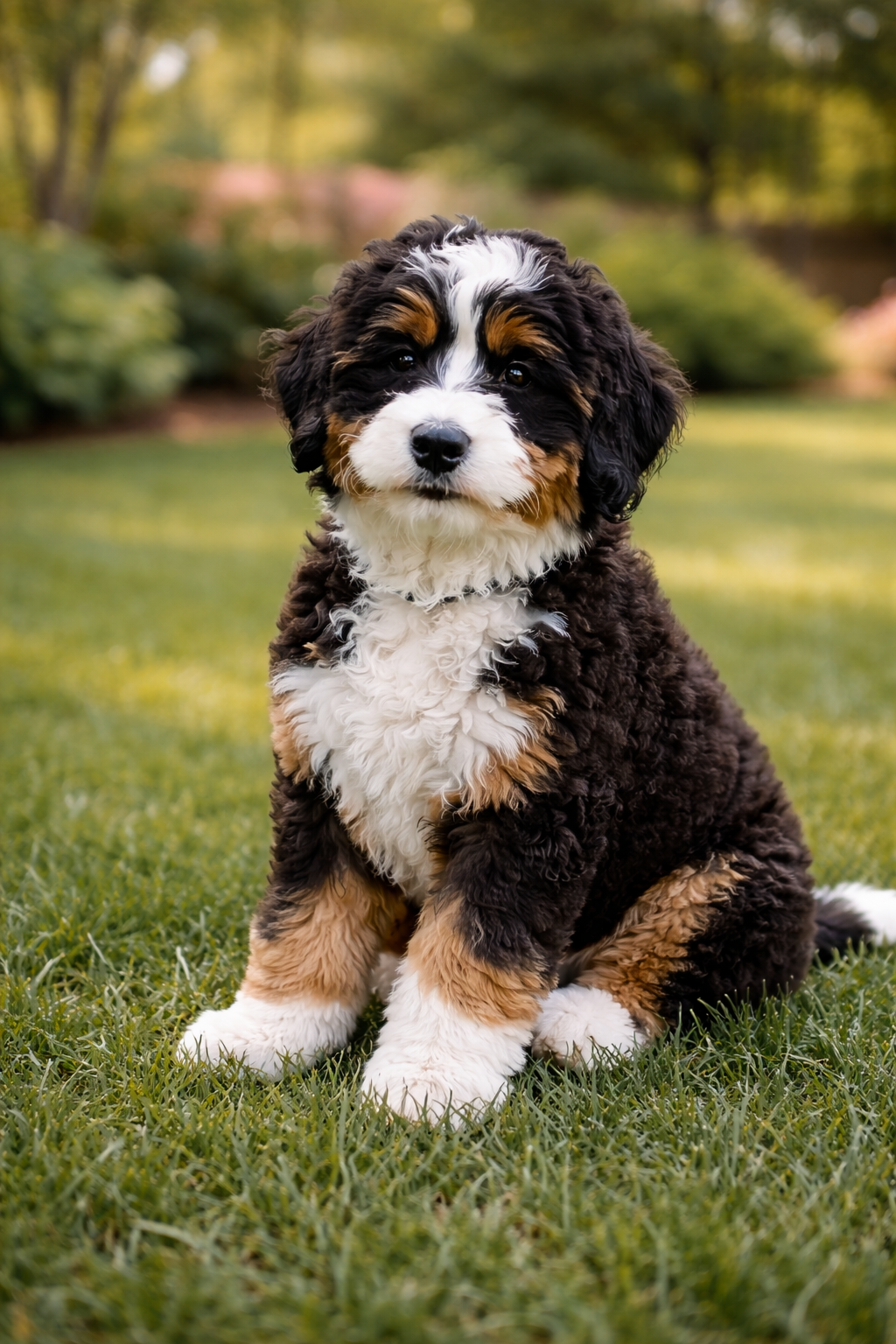 A fluffy black, white, and brown Bernedoodle puppy sits outdoors on green grass.