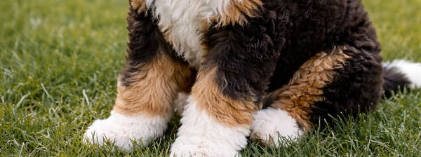 A fluffy black, white, and brown Bernedoodle puppy sits outdoors on green grass.