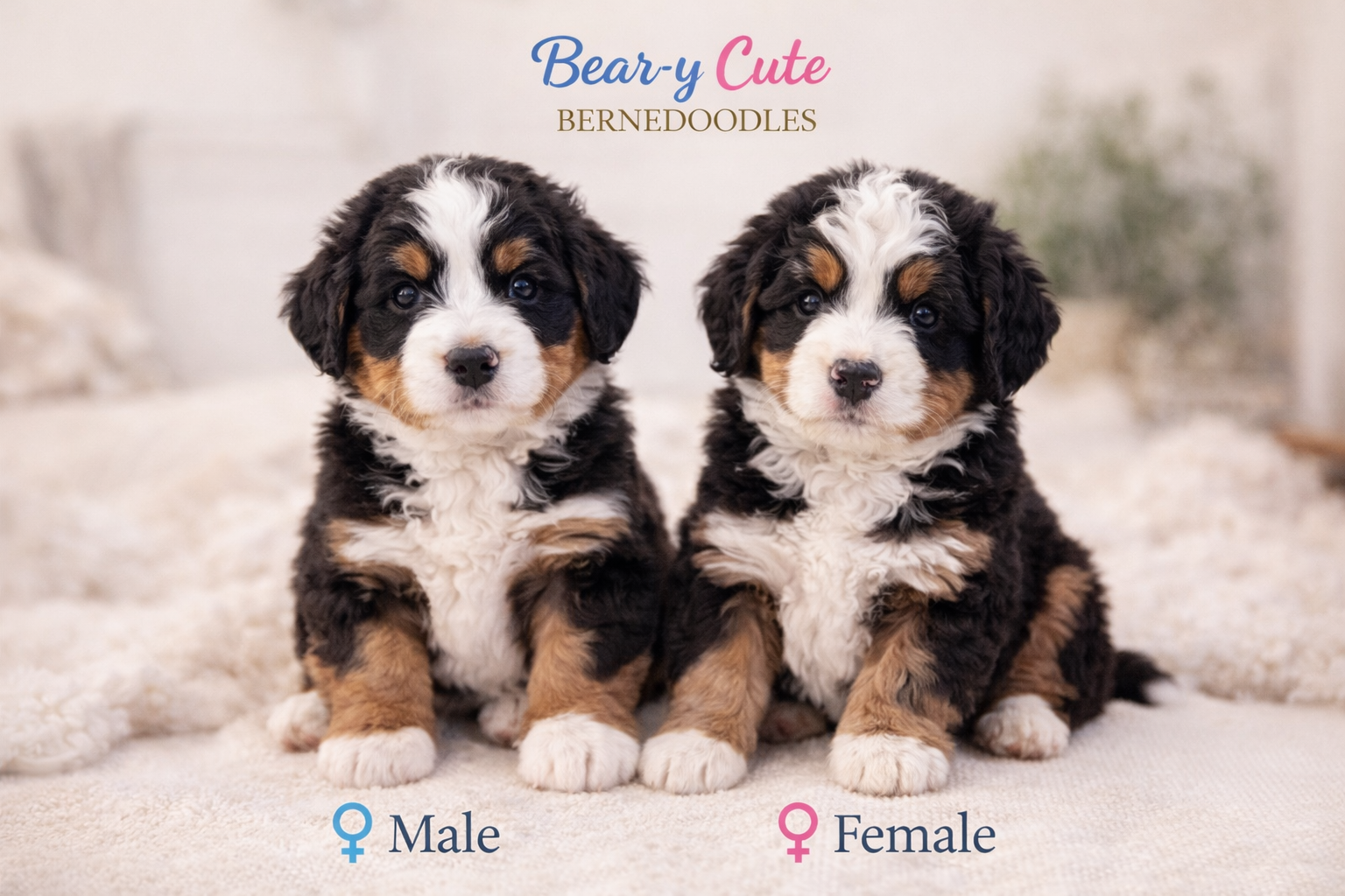 A male and female tri-color Bernedoodle puppy sit side-by-side on a white blanket. Text: Bear-y Cute BERNEDOODLES.
