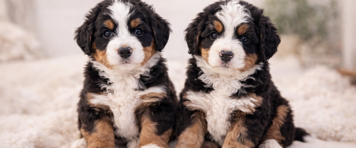 A male and female tri-color Bernedoodle puppy sit side-by-side on a white blanket. Text: Bear-y Cute BERNEDOODLES.