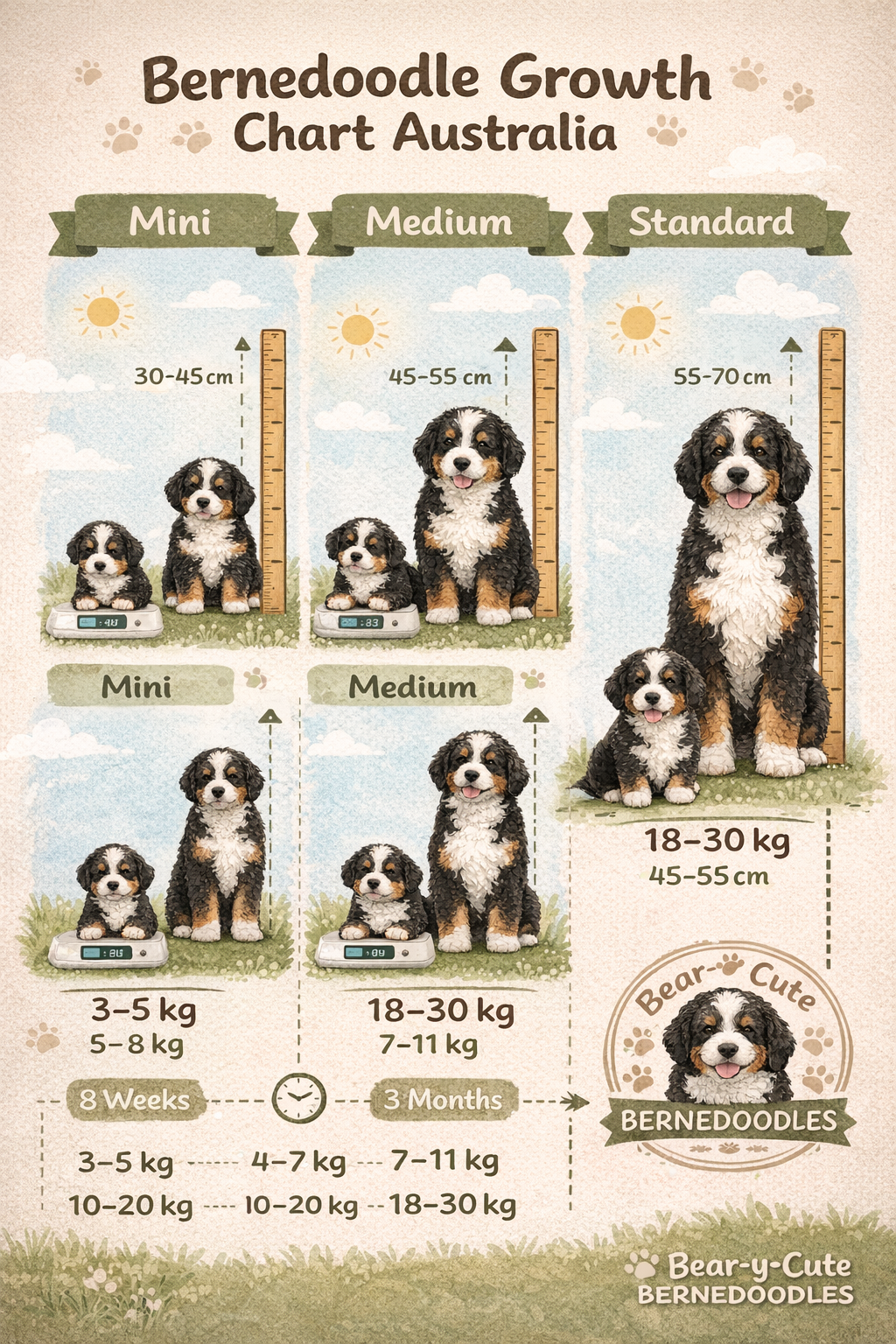 Bernedoodle Growth Chart Australia showing Mini, Medium, and Standard sizes with puppy and adult dog illustrations, height, and weight ranges.