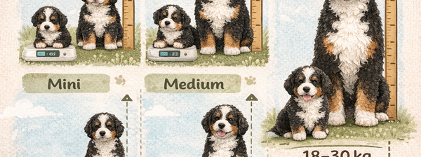 Bernedoodle Growth Chart Australia showing Mini, Medium, and Standard sizes with puppy and adult dog illustrations, height, and weight ranges.