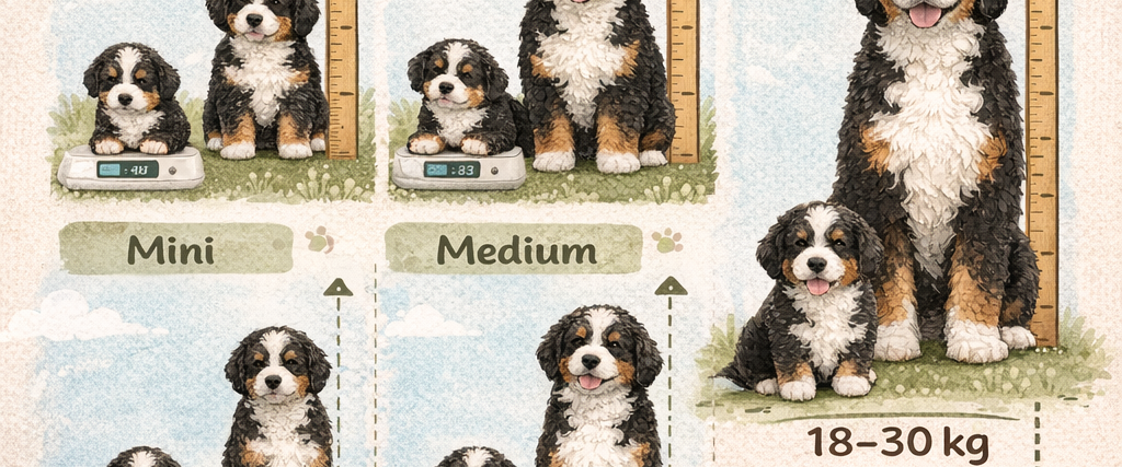 Bernedoodle Growth Chart Australia showing Mini, Medium, and Standard sizes with puppy and adult dog illustrations, height, and weight ranges.