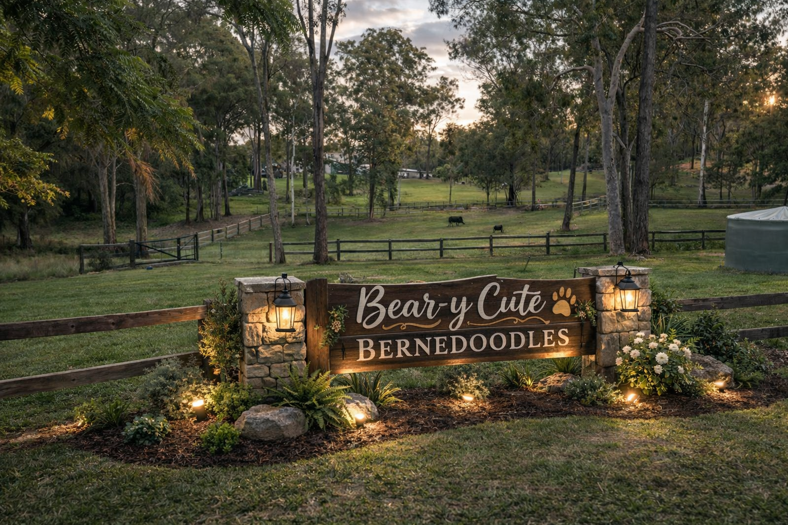 Angie and Cam with Bernedoodle puppies image alt at Bear-y Cute Bernedoodles in Brisbane, text Queensland 