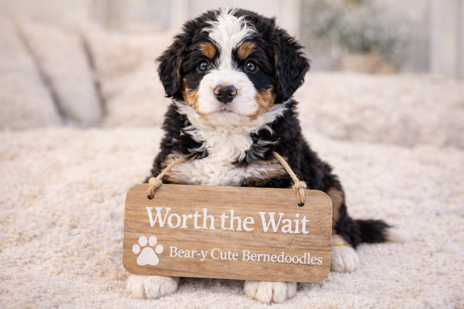 A tri-color Bernedoodle puppy holds a wooden sign that reads "Worth the Wait. Bear-y Cute Bernedoodles."