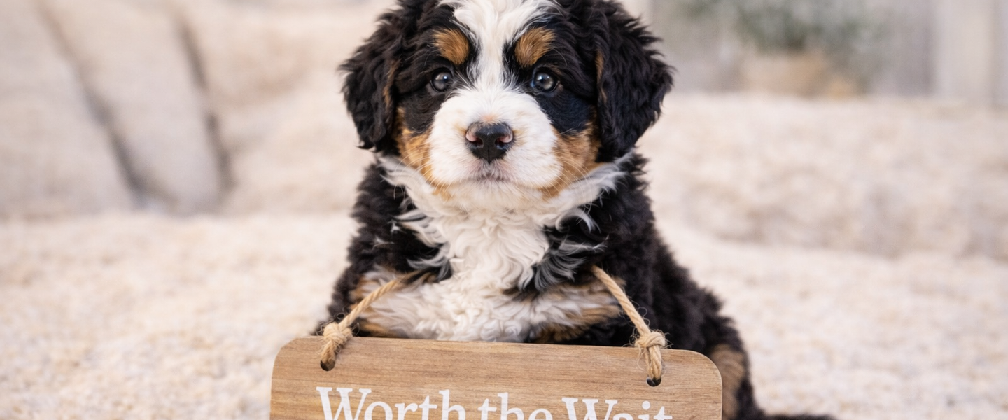 A tri-color Bernedoodle puppy holds a wooden sign that reads "Worth the Wait. Bear-y Cute Bernedoodles."