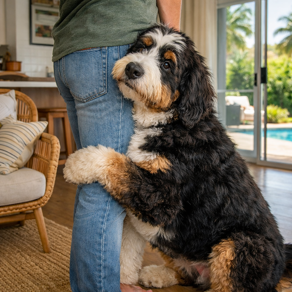 A fluffy Bernedoodle puppy affectionately clings to a person's jean-clad leg, looking up.