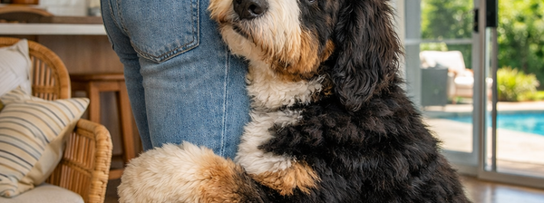 A fluffy Bernedoodle puppy affectionately clings to a person's jean-clad leg, looking up.