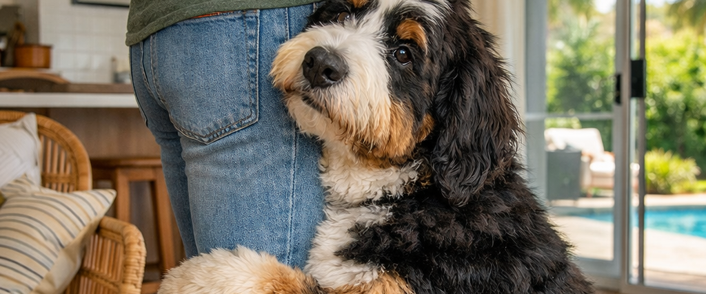 A fluffy Bernedoodle puppy affectionately clings to a person's jean-clad leg, looking up.