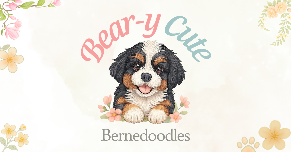 Illustration of a happy Bernedoodle puppy surrounded by flowers, with the text "Bear-y Cute Bernedoodles."