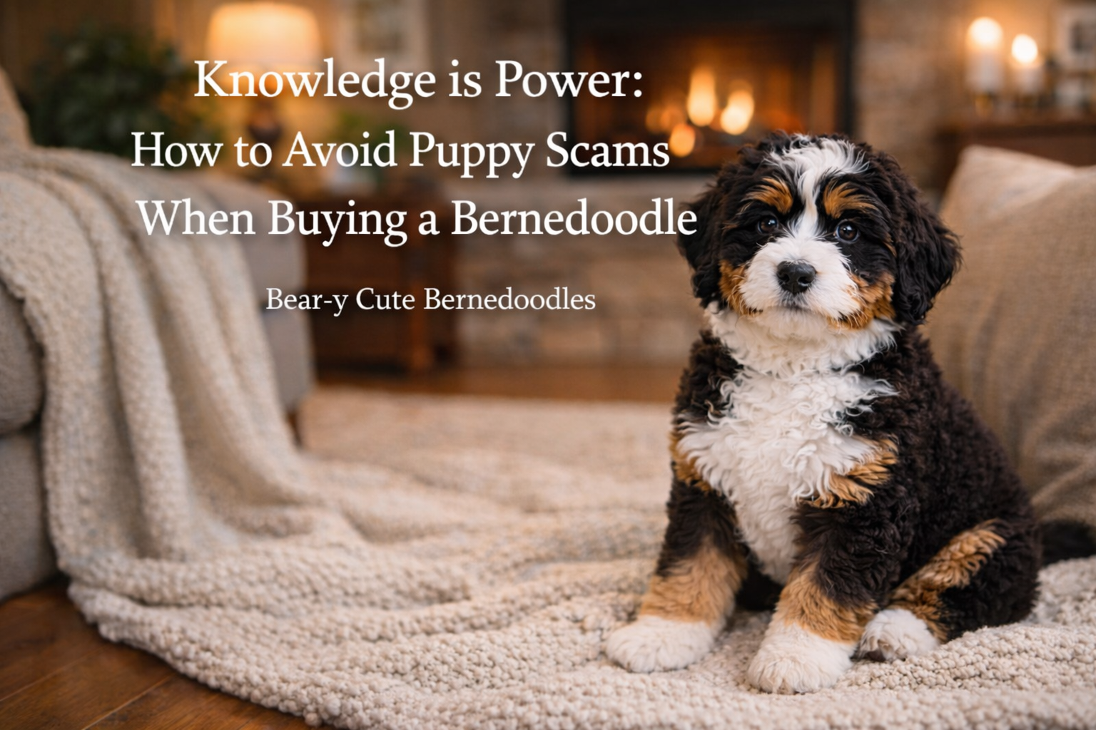 A Bernedoodle puppy sits on a rug, with text: "Knowledge is Power: How to Avoid Puppy Scams When Buying a Bernedoodle."