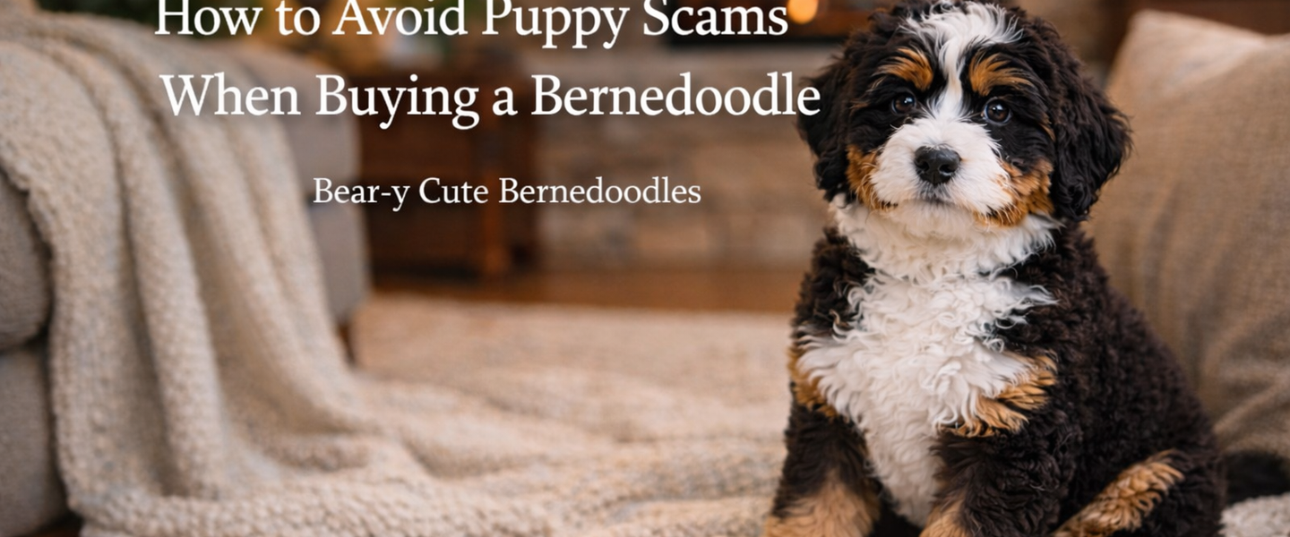 A Bernedoodle puppy sits on a rug, with text: "Knowledge is Power: How to Avoid Puppy Scams When Buying a Bernedoodle."