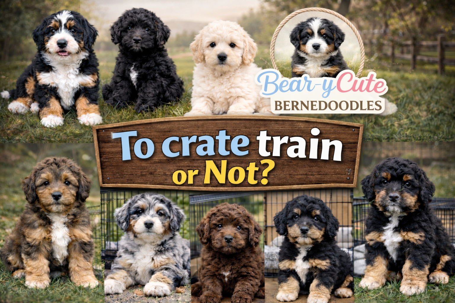Eight Bernedoodle puppies of various colors surround a sign asking 'To crate train or Not?', with 'Bear-y Cute Bernedoodles' branding.