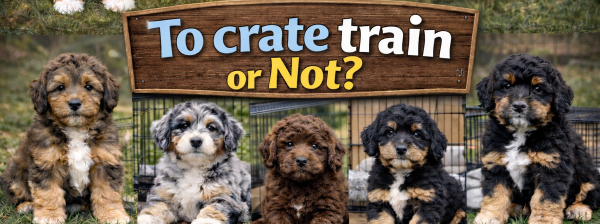 Eight Bernedoodle puppies of various colors surround a sign asking 'To crate train or Not?', with 'Bear-y Cute Bernedoodles' branding.
