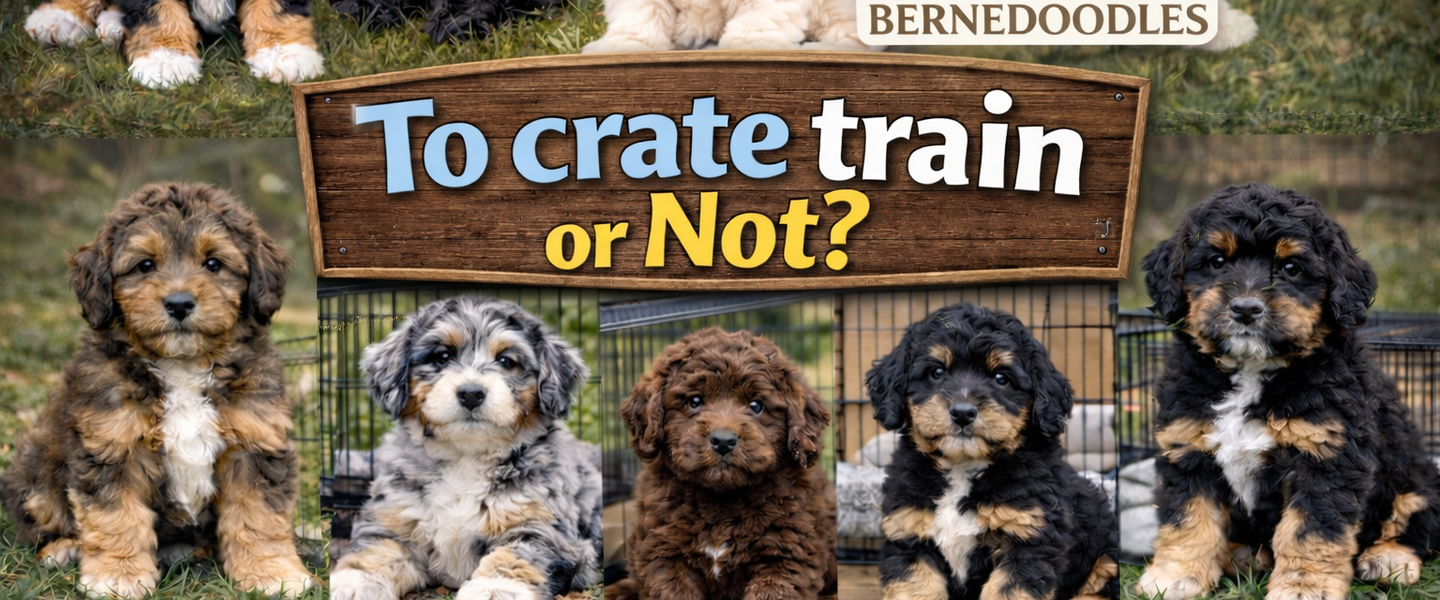 Eight Bernedoodle puppies of various colors surround a sign asking 'To crate train or Not?', with 'Bear-y Cute Bernedoodles' branding.
