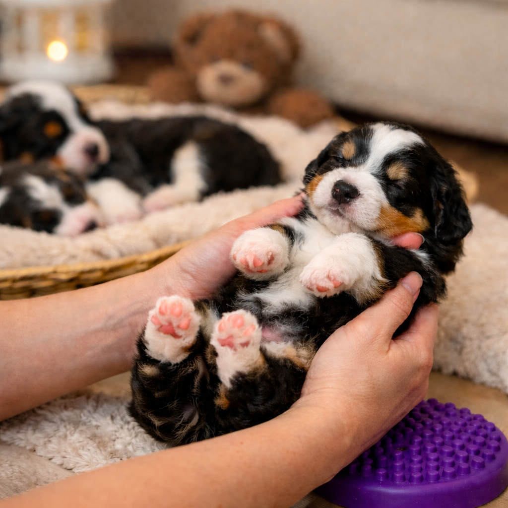 Learn how Early Neurological Stimulation (ENS) and our 10-Step Handling Program help raise confident, resilient Bernedoodle puppies at Bear-y Cute Bernedoodles Australia.