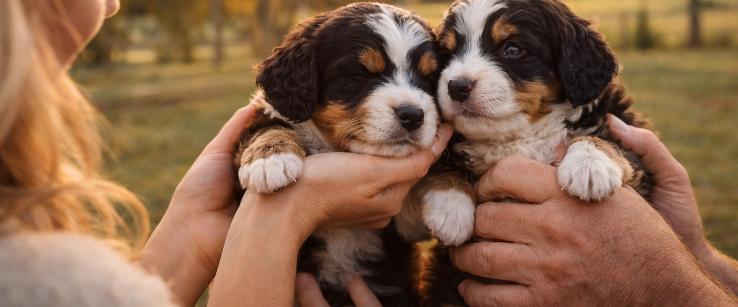 Bernedoodle puppies being gently handled for early socialisation at Beary Cute Bernedoodles Queensland Australia