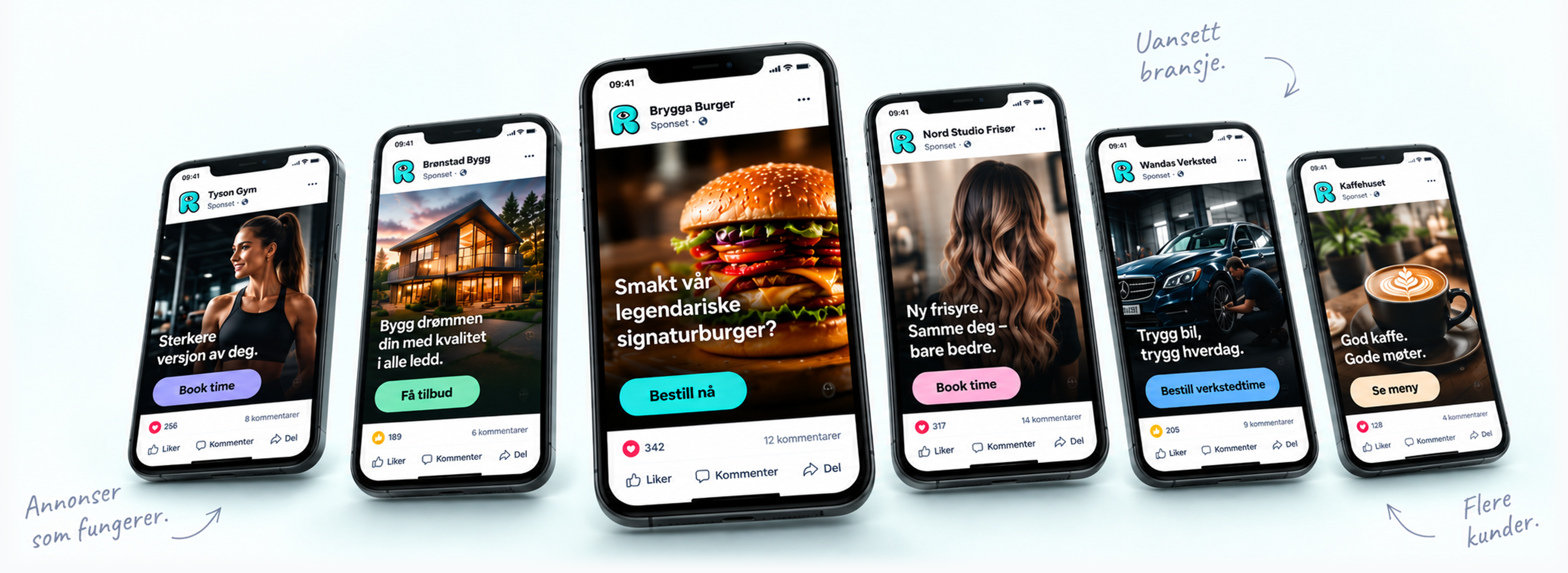 Seks mobiltelefoner med Facebook-annonser fra ulike bransjer: treningssenter, byggefirma, burgerbar, frisør, bilverksted og kafé.
