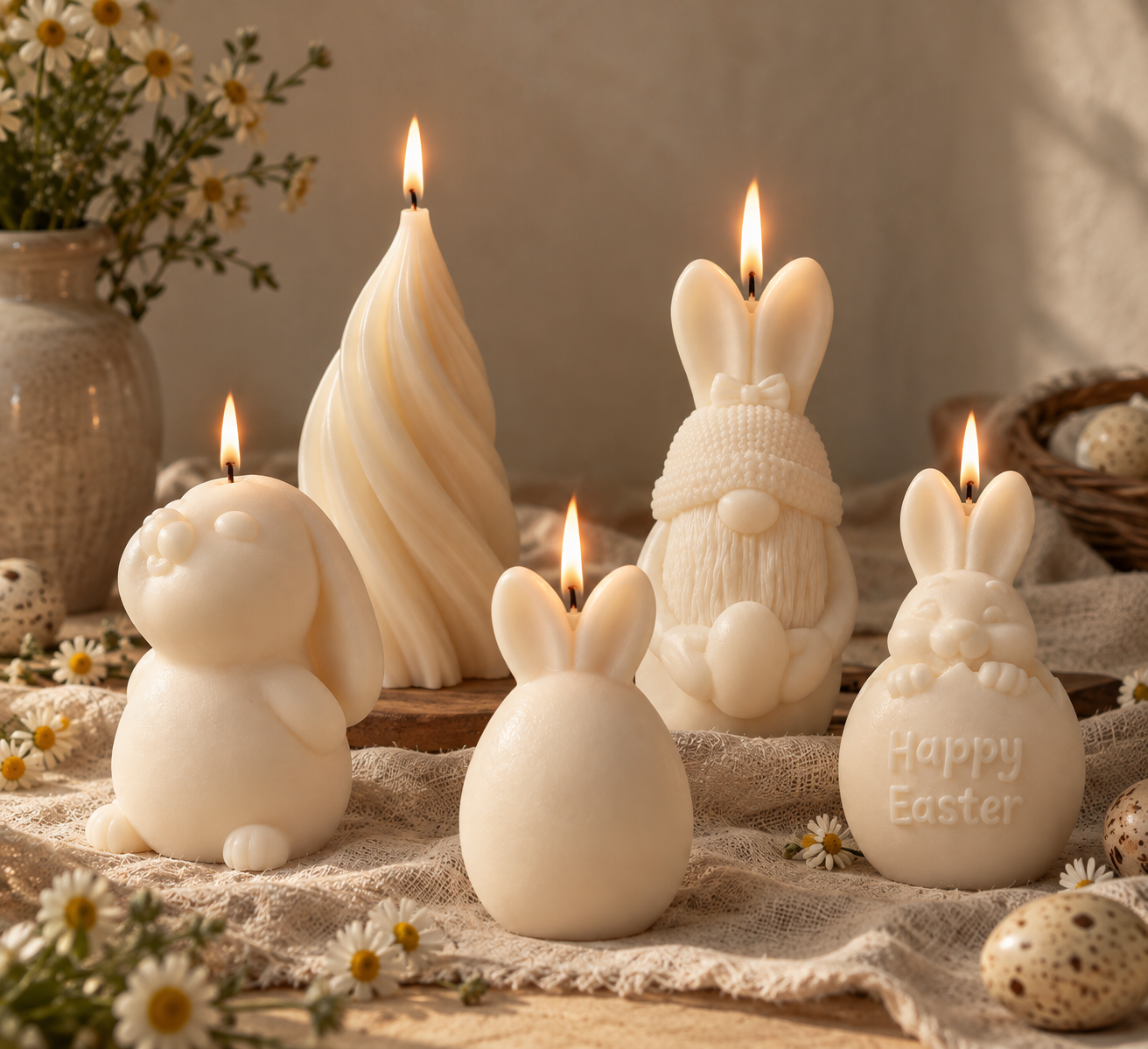 Velas de Páscoa em forma de coelhinho e de ovo