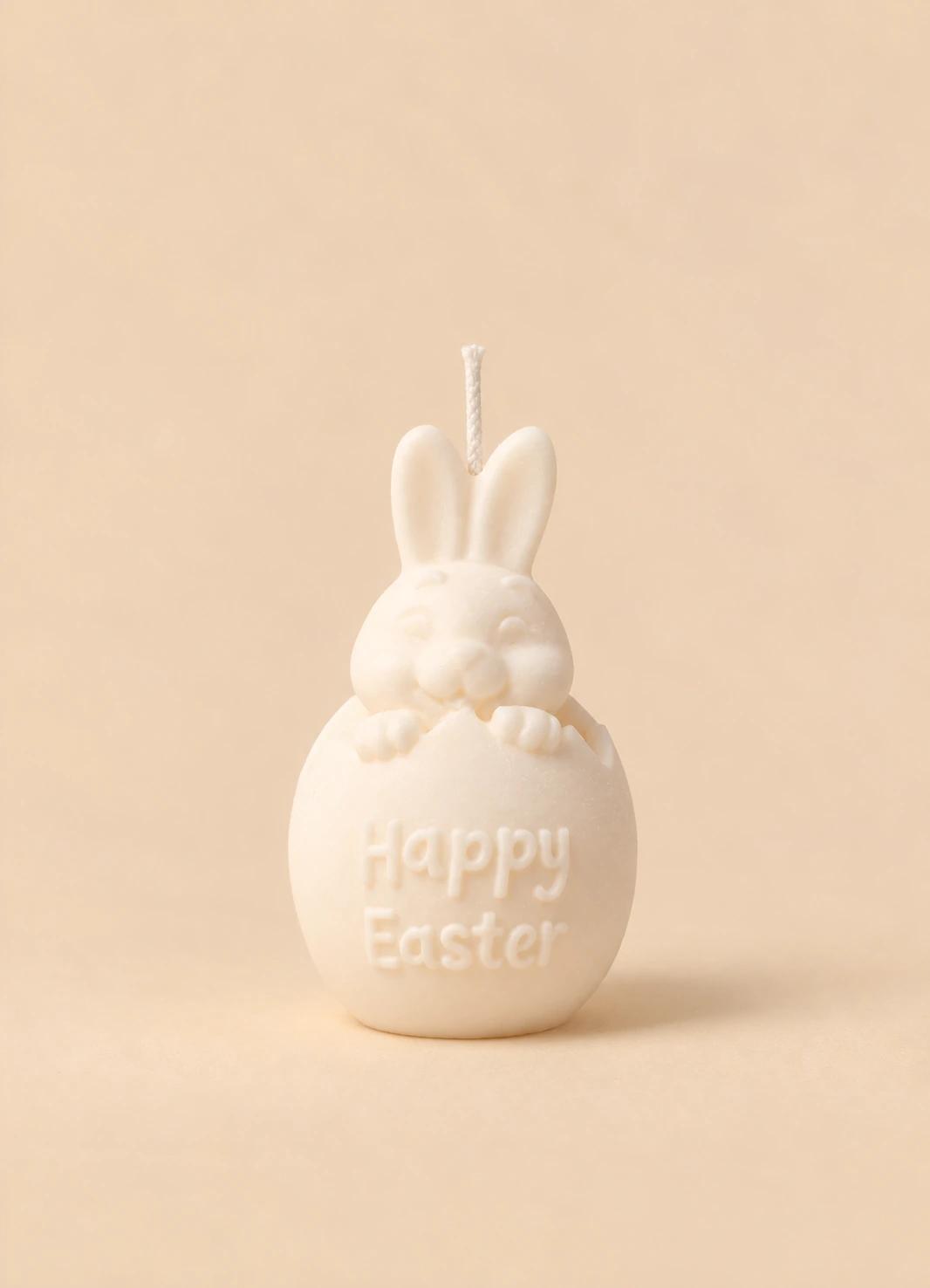 Vela em forma de ovo de Páscoa com orelhas de coelho e a mensagem Happy Easter