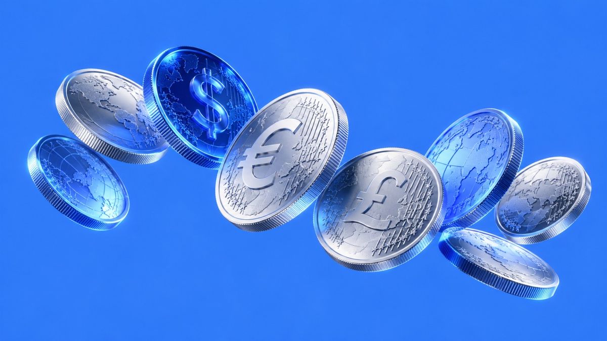 Silver and blue currency coins floating across a blue background, including dollar, euro and pound symbols.