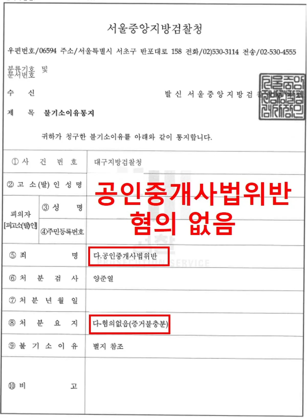 [공인중개사법위반][혐의없음][불기소결정]