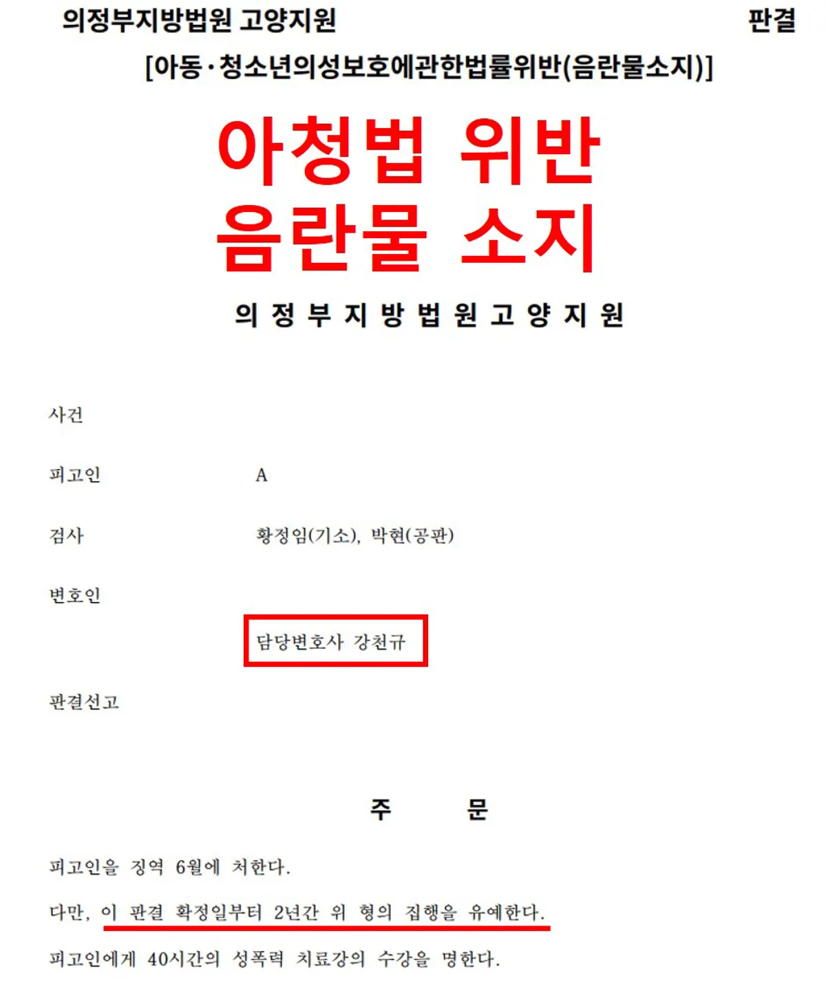 [형사][아청법위반(음란물소지)][집행유예] 아동·청소년의성보호에관한법률위반(음란물소지)